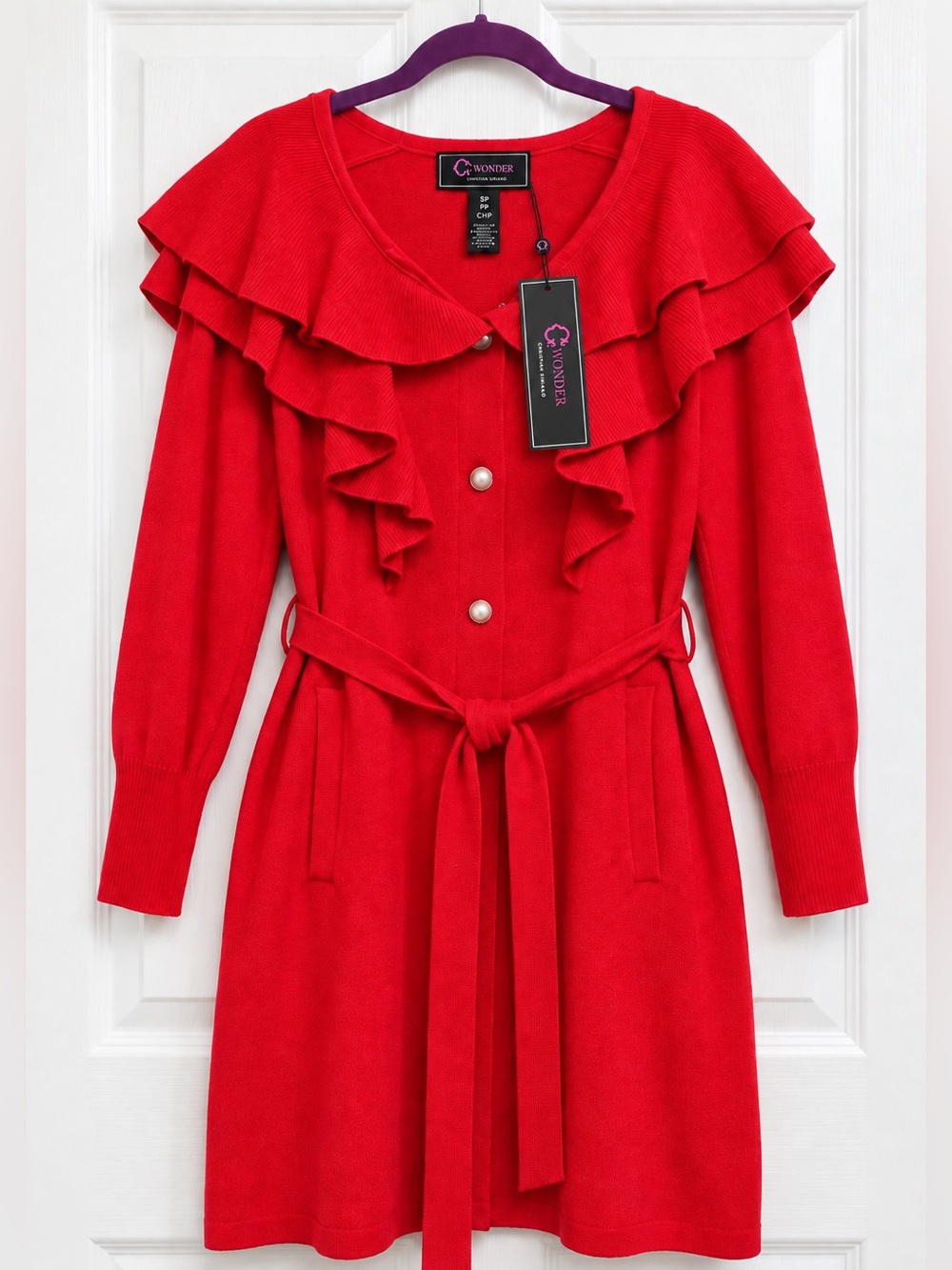 C Wonder Christian Siriano Red Ruffle Belted Sweater Dress NWT
